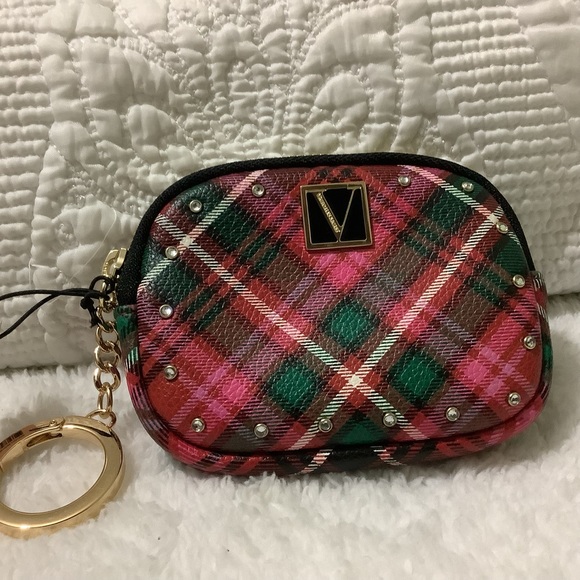 Victorias Secret Plaid Studded Key Chain Ring Essential Pouch Coin Wallet - Picture 3 of 7